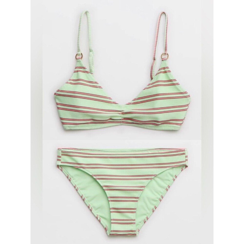 NWT Aerie FULL SET Beach Babe Shine Rib Voop Top + Full Coverage Bottom Green L